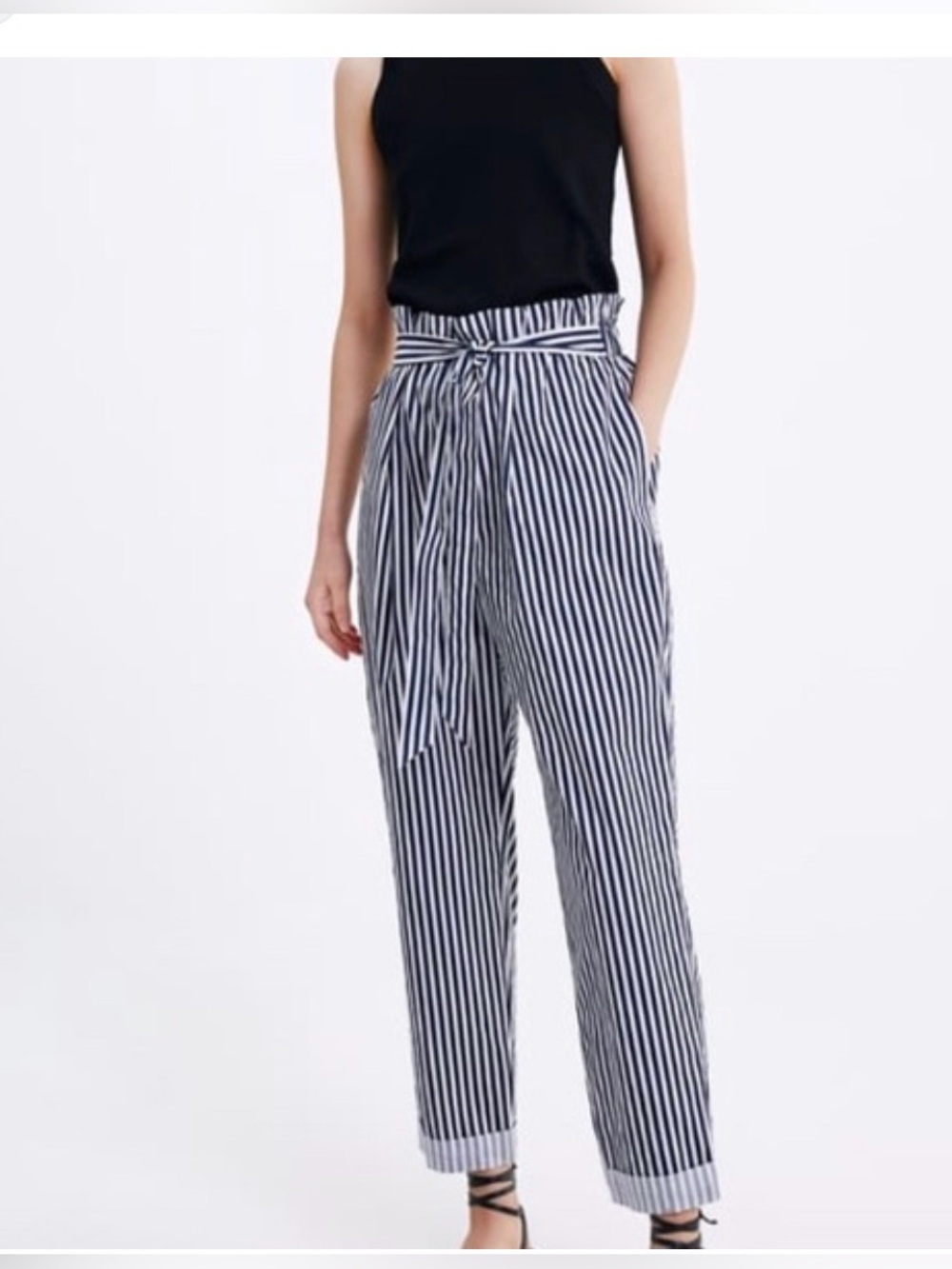 Zara Navy and White Striped Paperbag Tie-Ankle Pants